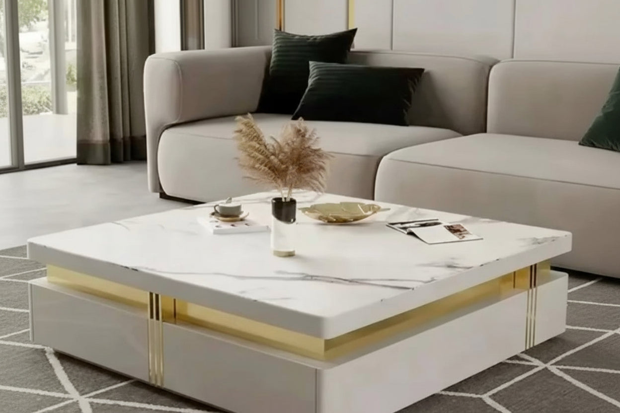 Luxury White and Gold Marble Effect Coffee Table With Storage