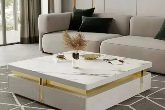 Luxury White and Gold Marble Effect Coffee Table With Storage