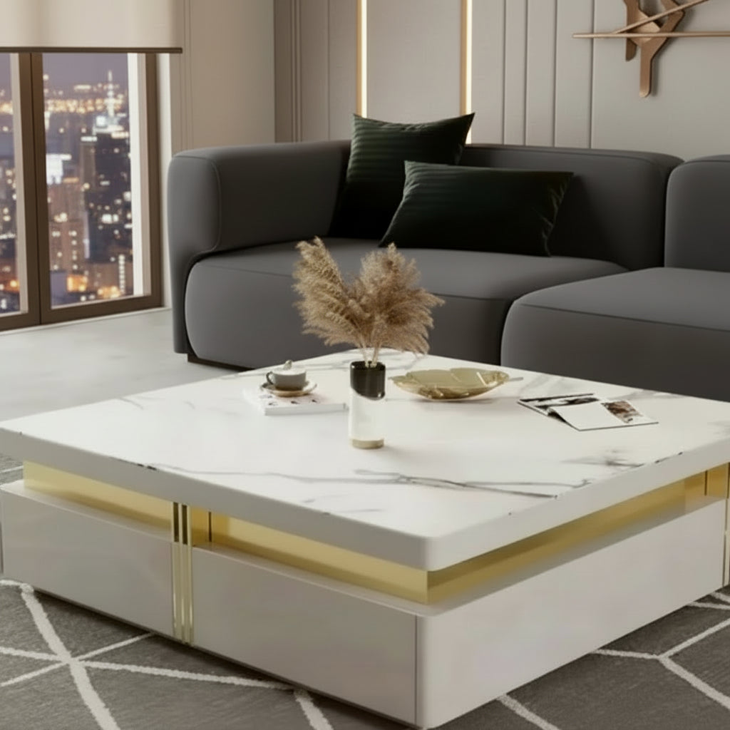 Luxury White and Gold Marble Effect Coffee Table With Storage