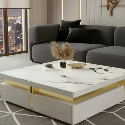 Luxury White and Gold Marble Effect Coffee Table With Storage