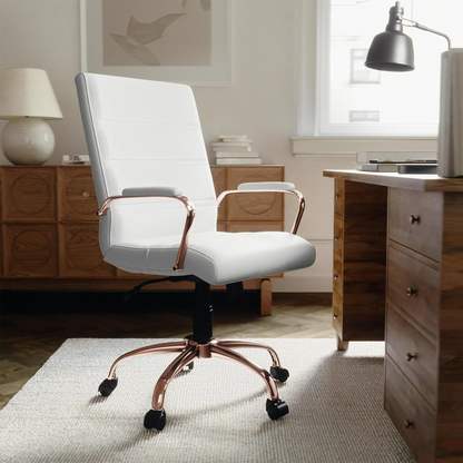 White & Rose Gold Faux Leather Mid-Back Designer Office Chair