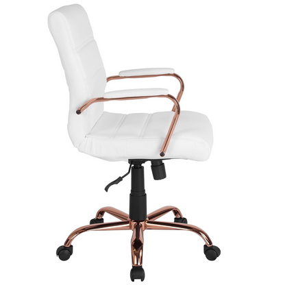 White & Rose Gold Faux Leather Mid-Back Designer Office Chair