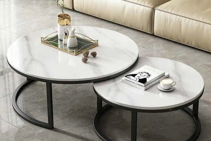 Nordic Luxury Marble Coffee Table – Modern White Stone Top with Gold Metal Frame for Living Room or Kitchen