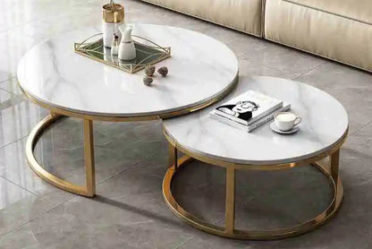 Nordic Luxury Marble Coffee Table – Modern White Stone Top with Gold Metal Frame for Living Room or Kitchen