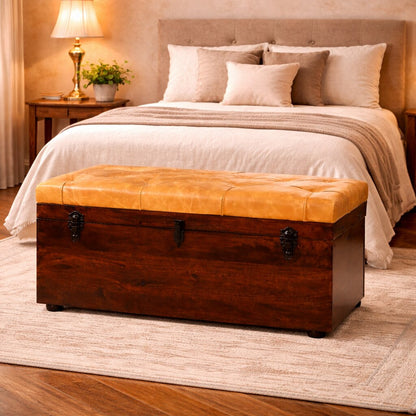 Walnut Storage Trunk Bench with Tan Leather