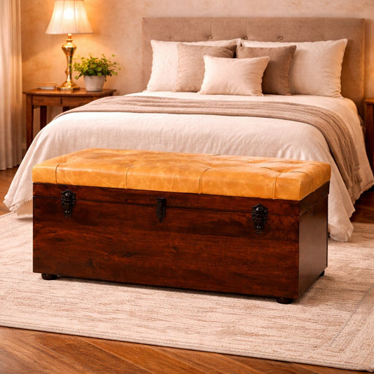 Walnut Storage Trunk Bench with Tan Leather
