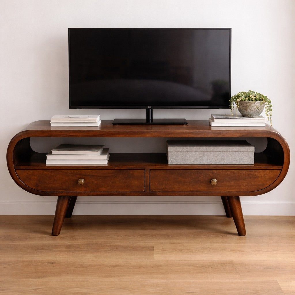 Walnut Curved Two Drawer Media Unit