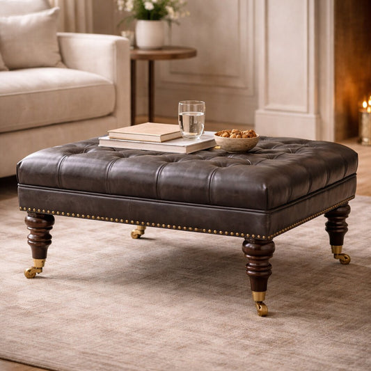 Artisan Black Leather Upholstered Ottoman