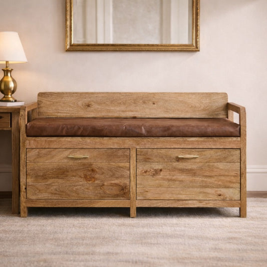 Oakish Storage Bench with Brown Leather Seat