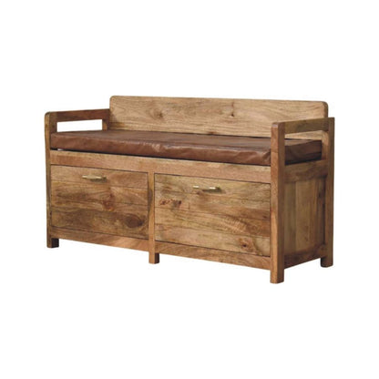 Oakish Storage Bench with Brown Leather Seat