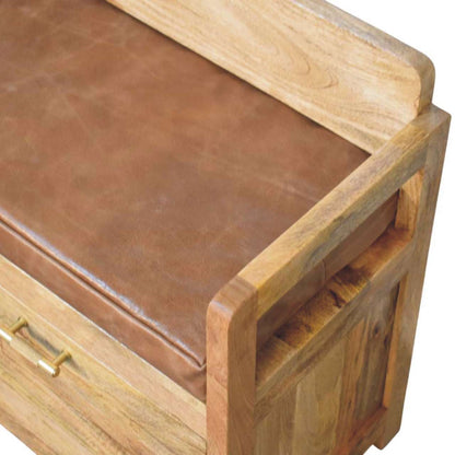 Oakish Storage Bench with Brown Leather Seat