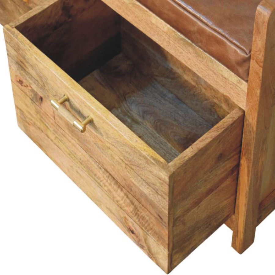 Oakish Storage Bench with Brown Leather Seat