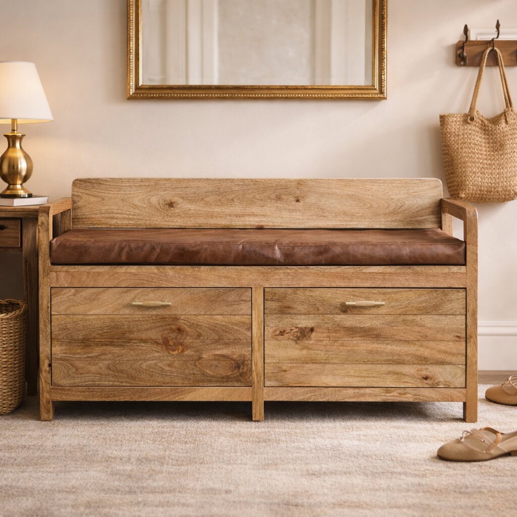 Oakish Storage Bench with Brown Leather Seat