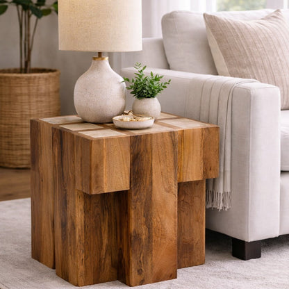 Travertine Top Block Side Table