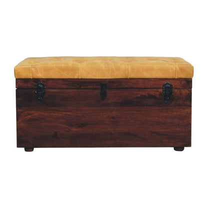 Tan Leather Storage Trunk Bench