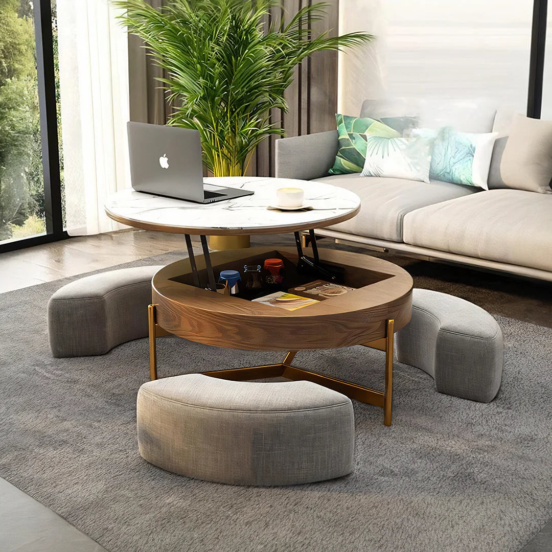 Josiah Round Lift-Top Coffee Table With 3 Small Benches, Linen