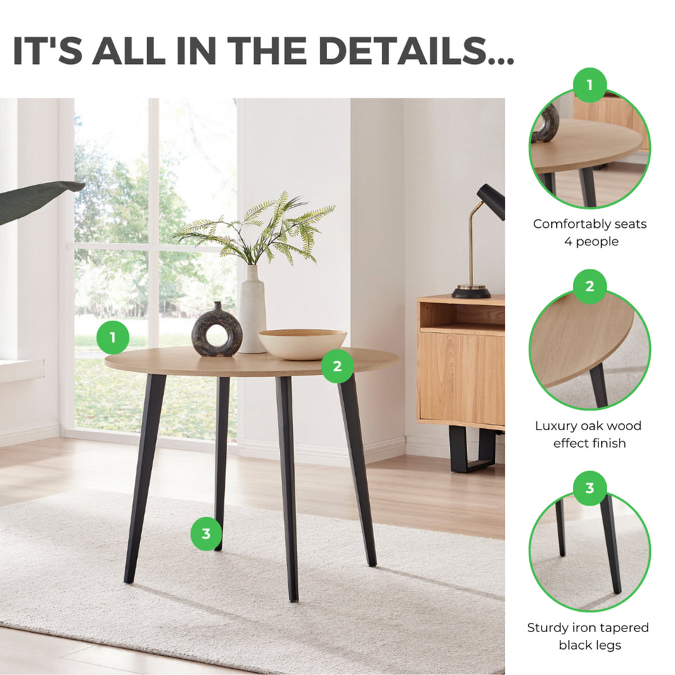 Koko Oak Effect Round Dining Table & 4 Falun Black Leg Chairs