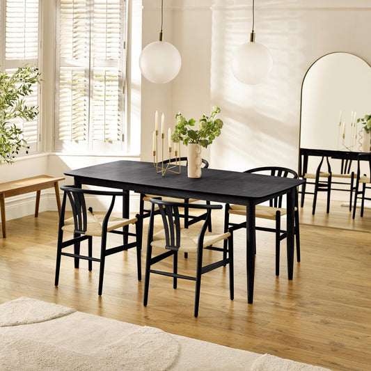 Leif Wood Rectangular Extending Table & 4 Caia Black Wishbone Oak Dining Chairs