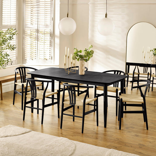 Leif Wood Rectangular Extending Table & 6 Caia Black Wishbone Oak Dining Chairs