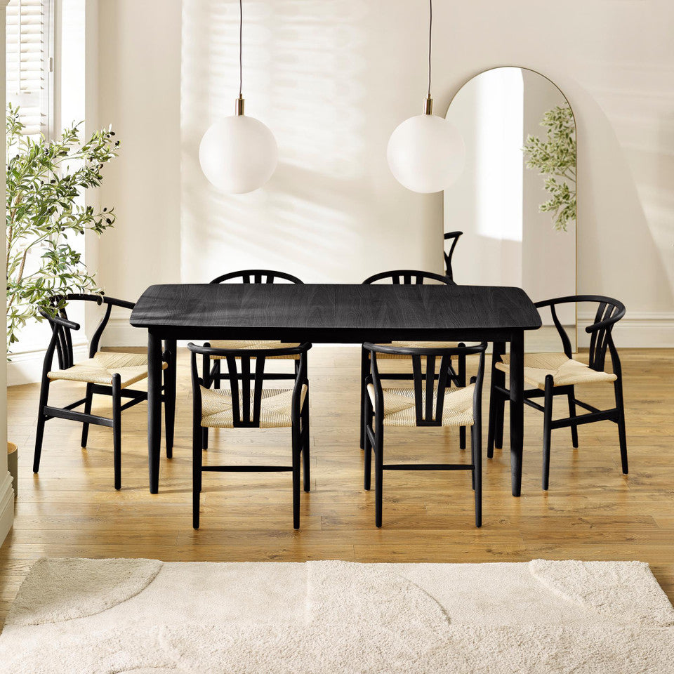 Leif Wood Rectangular Extending Table & 6 Caia Black Wishbone Oak Dining Chairs