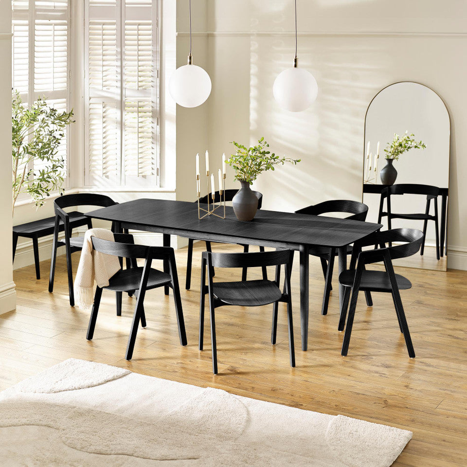 Leif Black Wooden Rectangular Extending Table & 6 Masa Black Dining Chairs