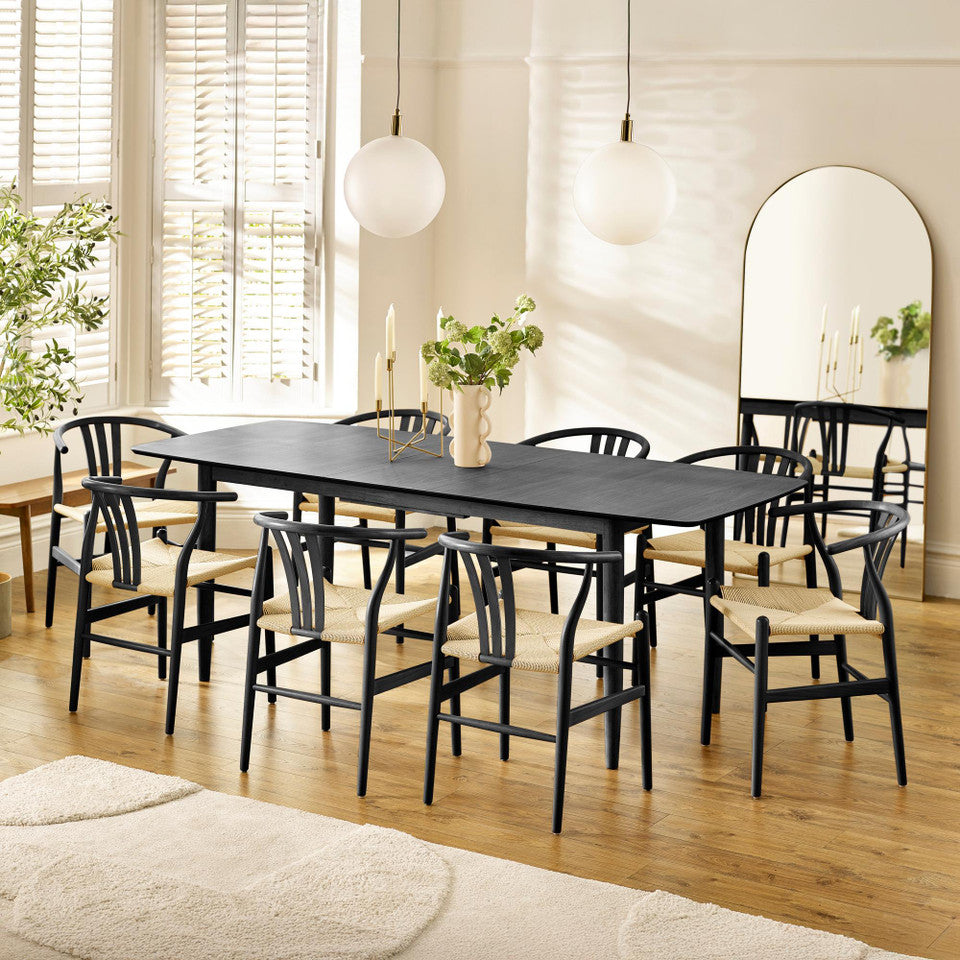 Leif Black Wood Rectangular Extending Table & 8 Caia Black Wishbone Dining Chairs