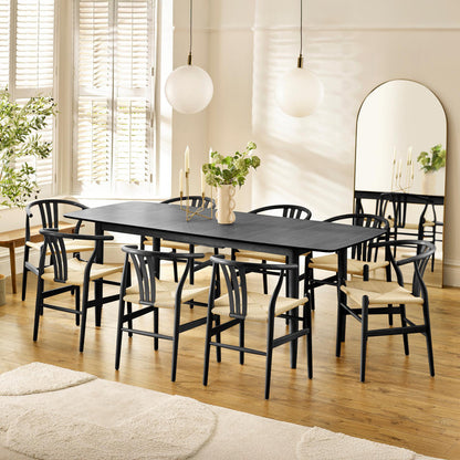 Leif Black Wood Rectangular Extending Table & 8 Caia Black Wishbone Dining Chairs