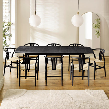 Leif Black Wood Rectangular Extending Table & 8 Caia Black Wishbone Dining Chairs