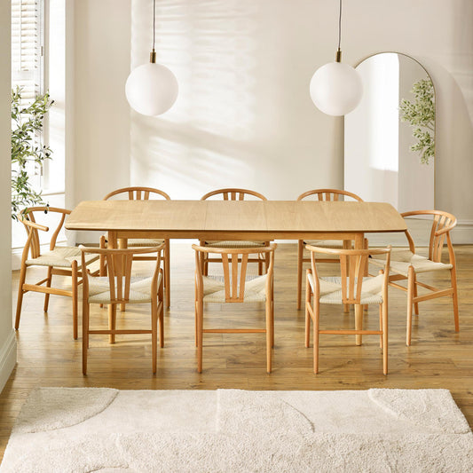 Leif Oak Effect Wood Rectangular Extending Table & 8 Caia Wishbone Dining Chairs