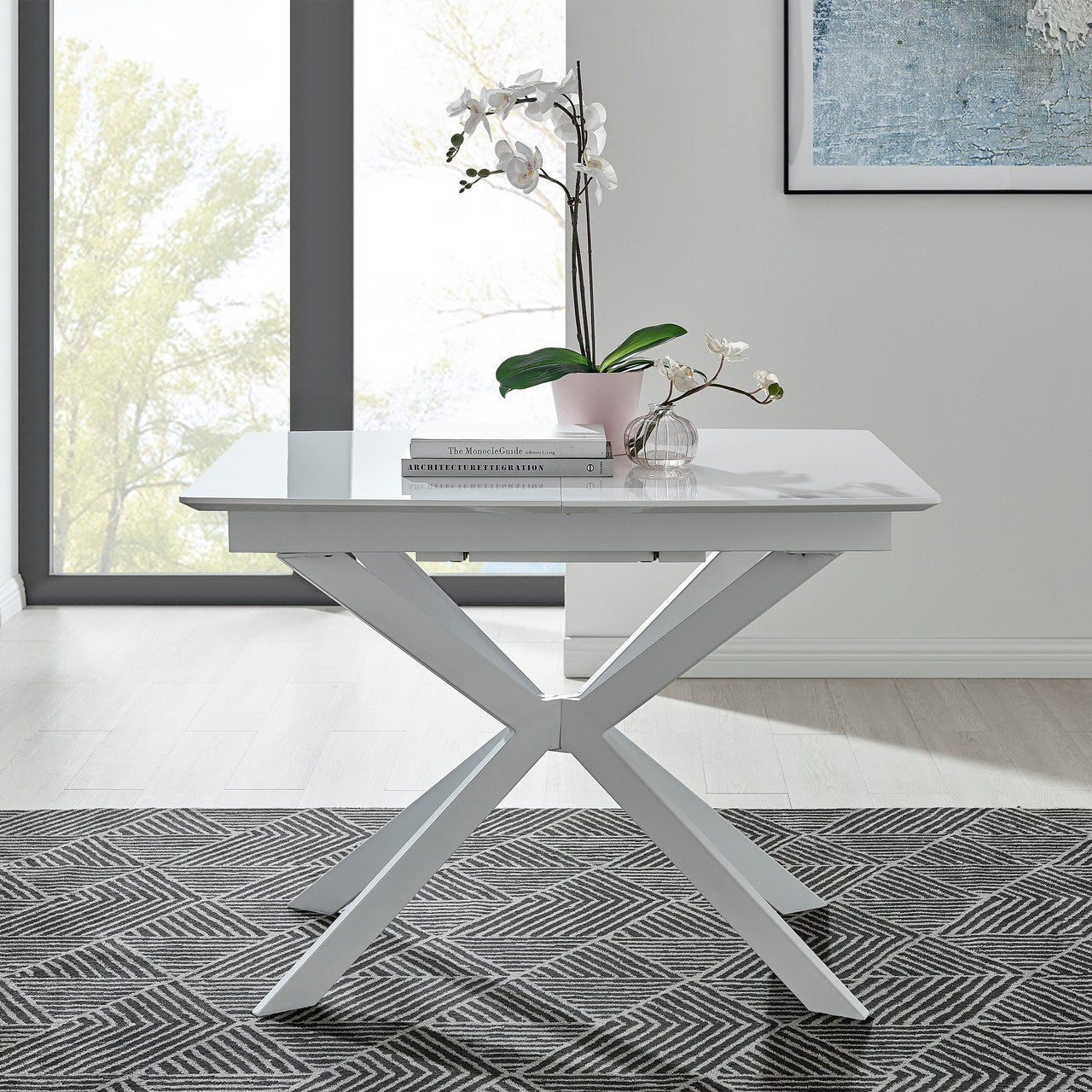 Lira Rectangular White High Gloss and Metal Extending 4-6 Seater Dining Table