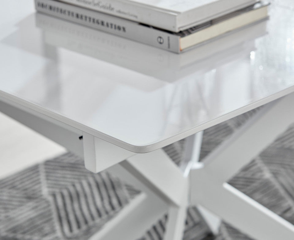 Lira Rectangular White High Gloss and Metal Extending 6 Seater Dining Table