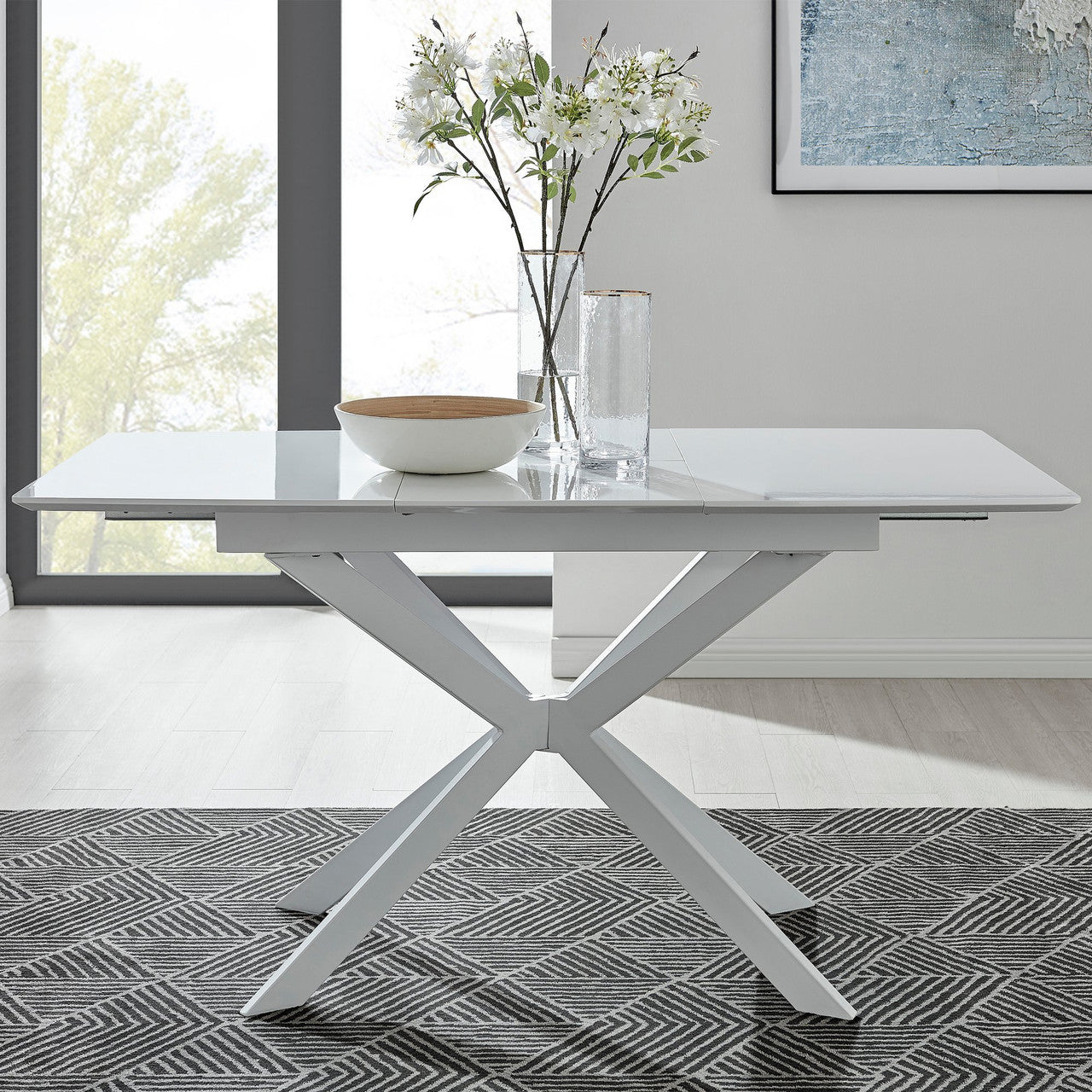 Lira Rectangular White High Gloss and Metal Extending 4-6 Seater Dining Table