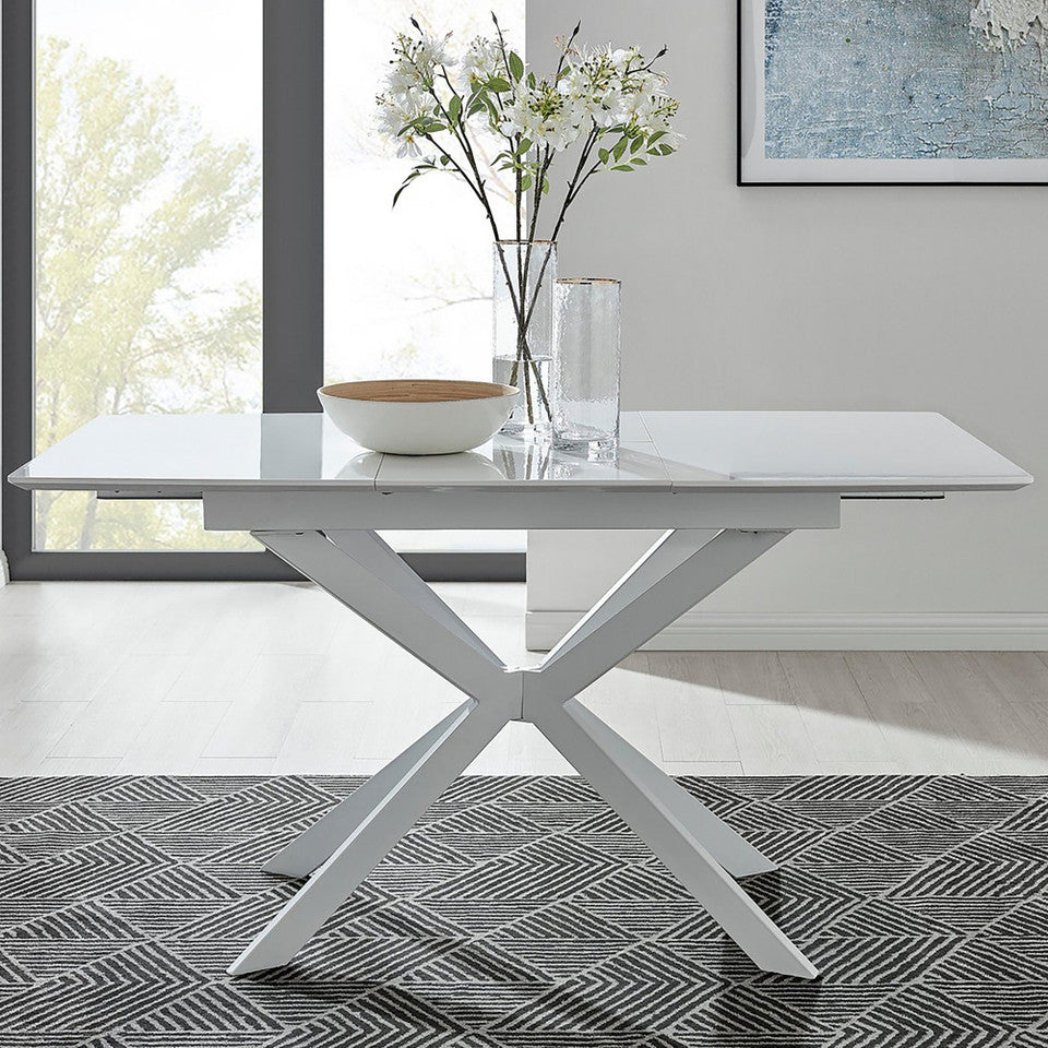 Lira Rectangular White High Gloss and Metal Extending 6 Seater Dining Table