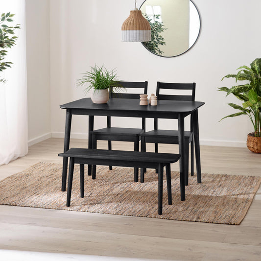 Lynton Small Black Wooden Dining Table with 2 Chairs & Bench