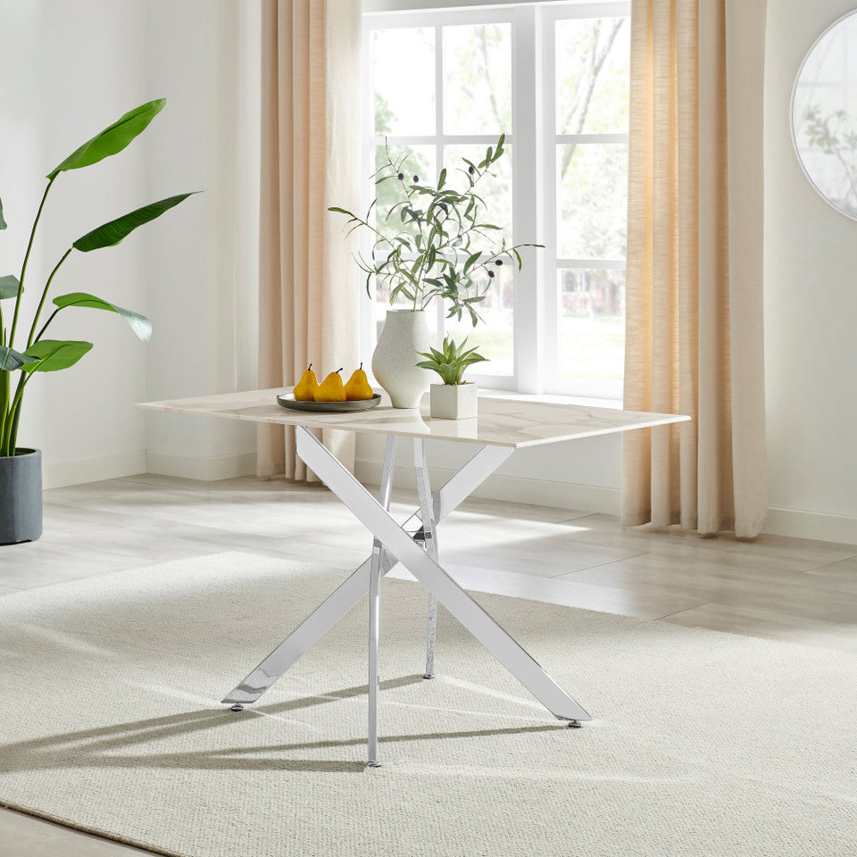 Leonardo Rectangular White Marble Glass and Black Metal 4 Seater Dining Table