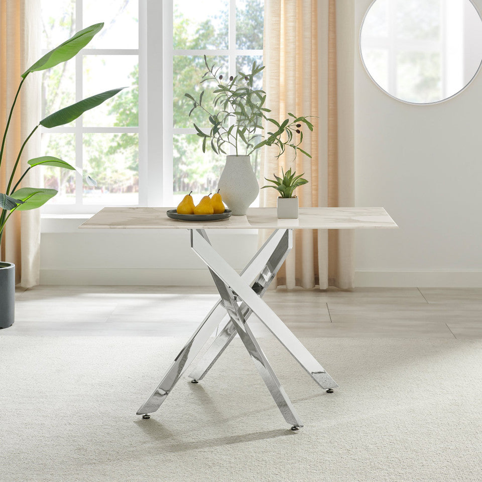 Leonardo Rectangular White Marble Glass and Black Metal 4 Seater Dining Table