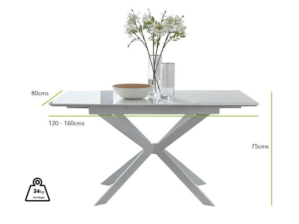 Lira Rectangular White High Gloss and Metal Extending 6 Seater Dining Table