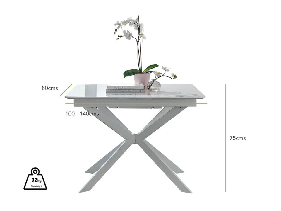 Lira Rectangular White High Gloss and Metal Extending 4-6 Seater Dining Table