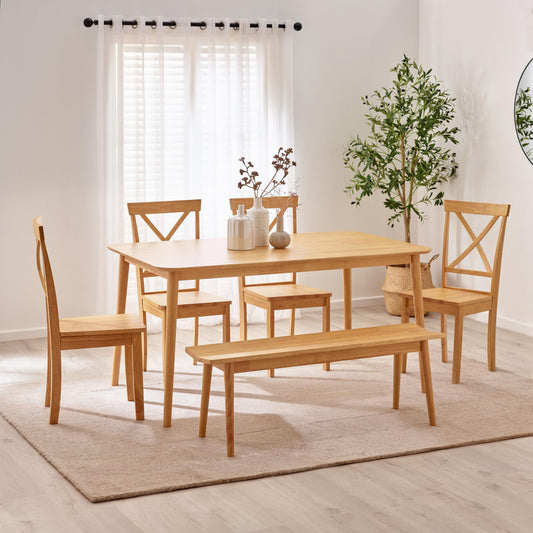 Lynton Large Oak Effect Solid Wood Dining Table with 4 Millford Chairs & Bench