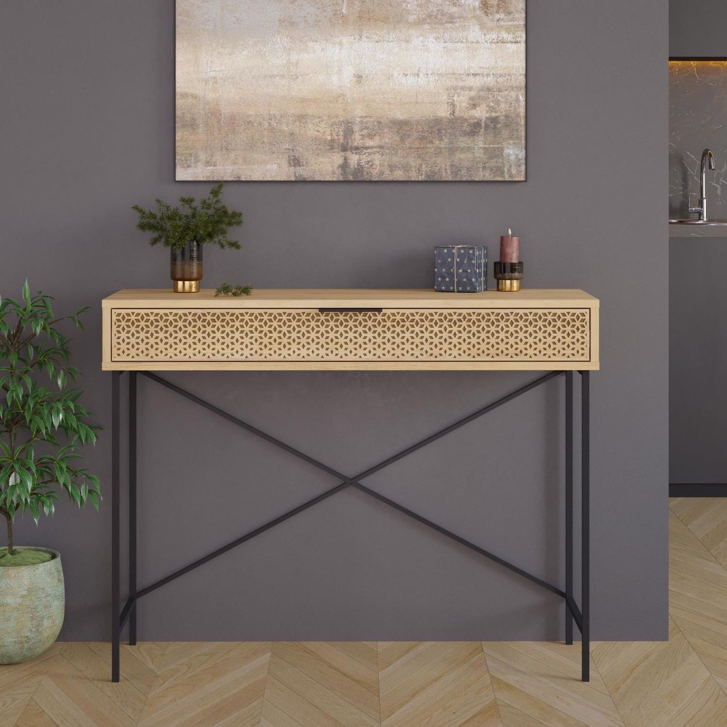 Naive Sapphire Oak Console Table with Drawer – Black Metal Frame