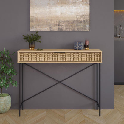Naive Sapphire Oak Console Table with Drawer – Black Metal Frame