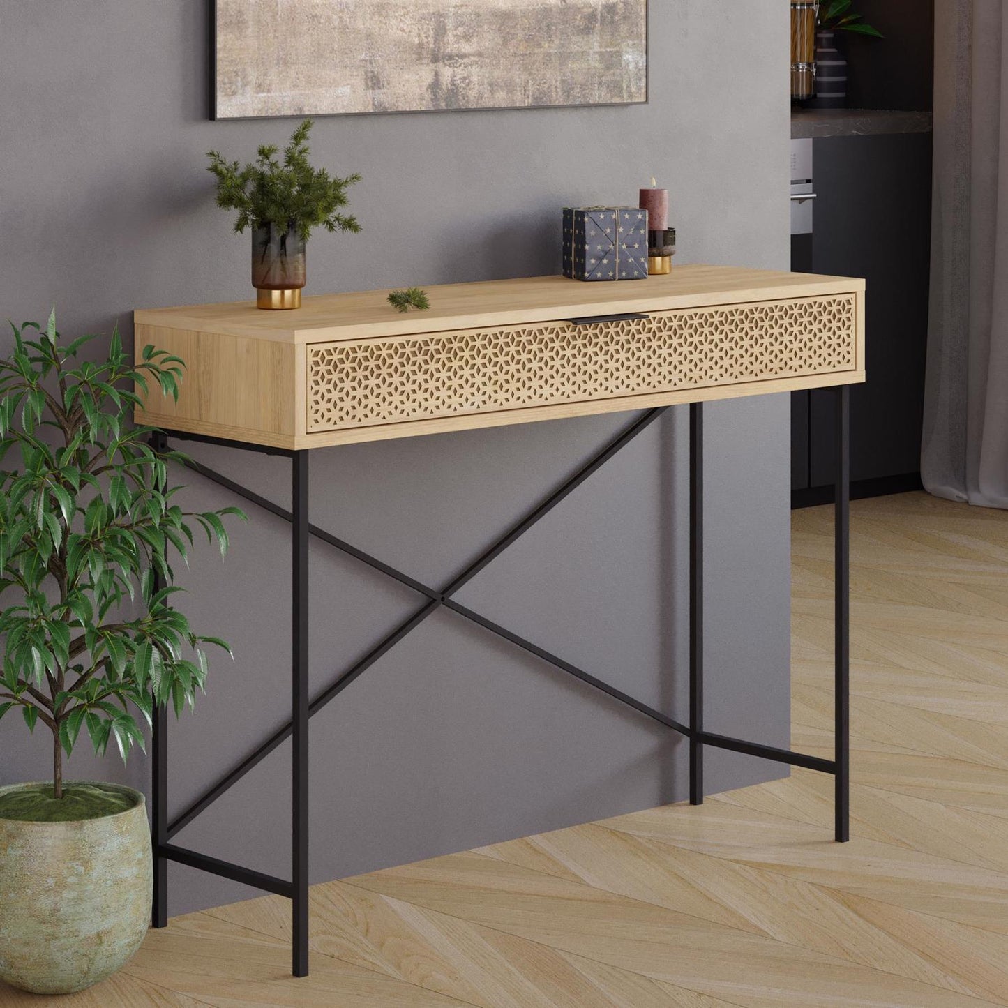Naive Sapphire Oak Console Table with Drawer – Black Metal Frame