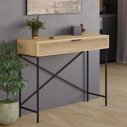 Naive Sapphire Oak Console Table with Drawer – Black Metal Frame