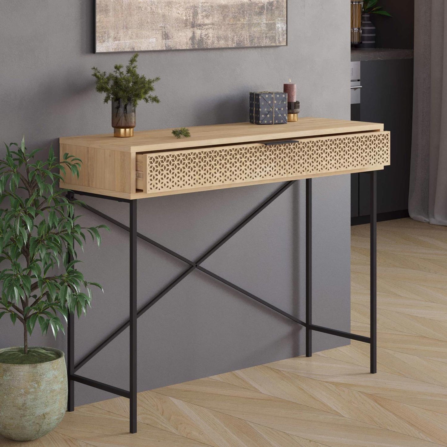 Naive Sapphire Oak Console Table with Drawer – Black Metal Frame