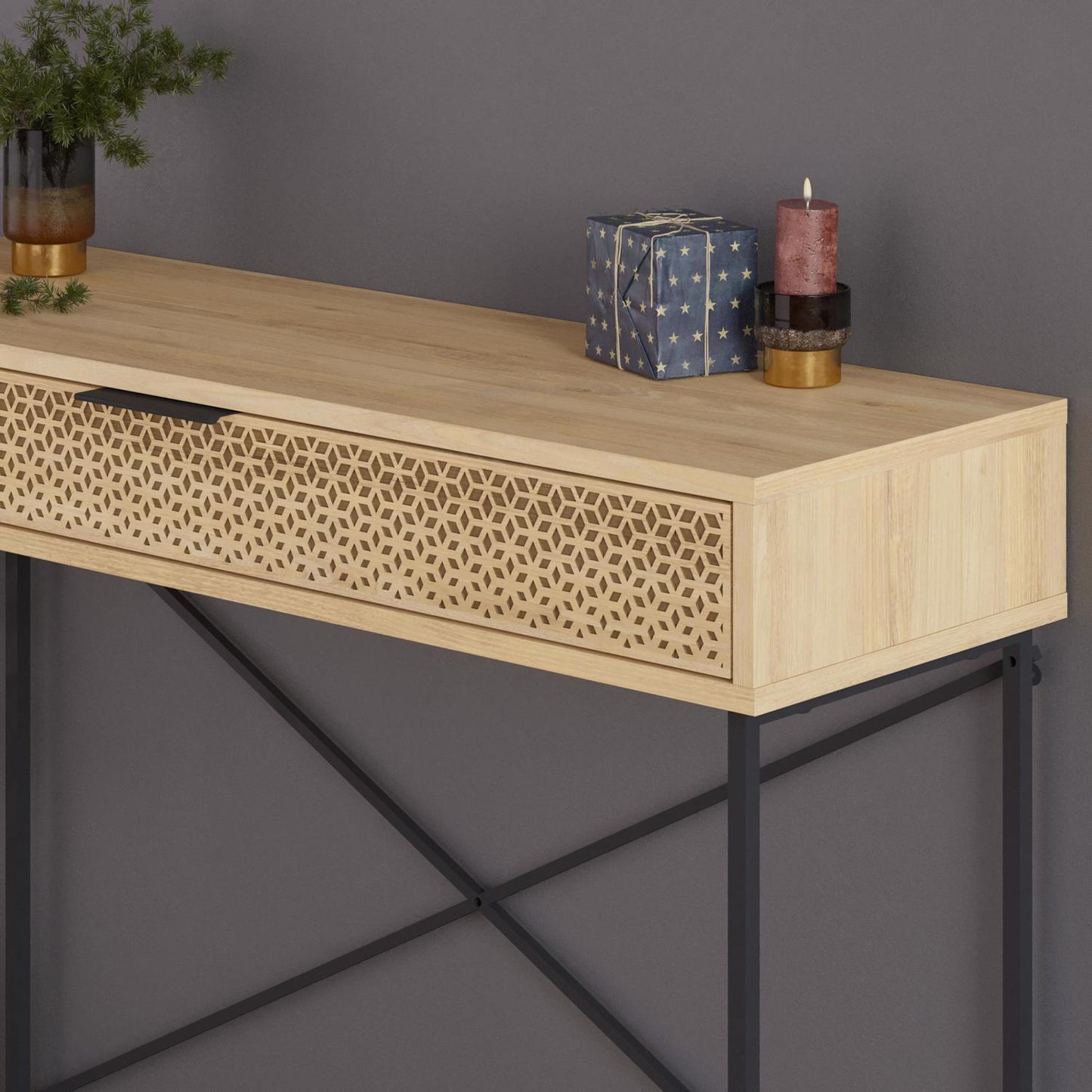 Naive Sapphire Oak Console Table with Drawer – Black Metal Frame