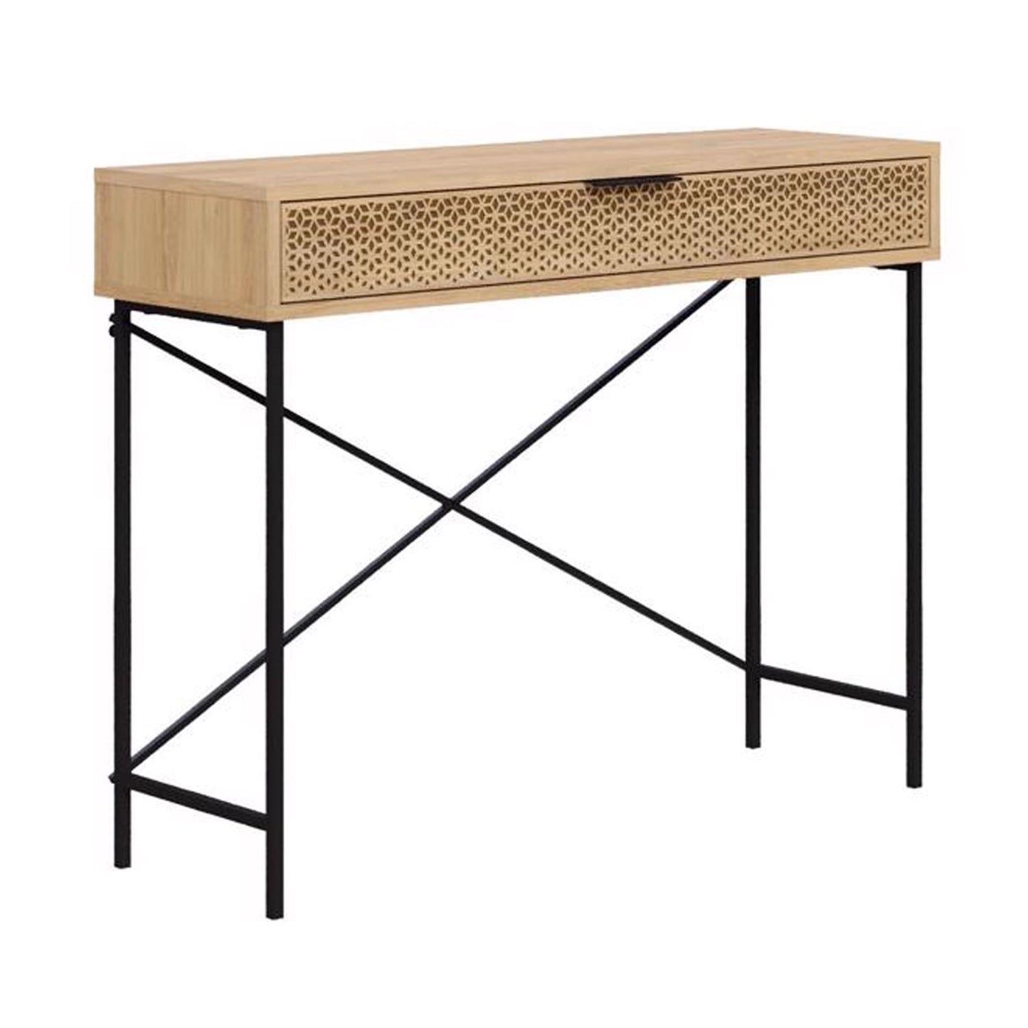Naive Sapphire Oak Console Table with Drawer – Black Metal Frame