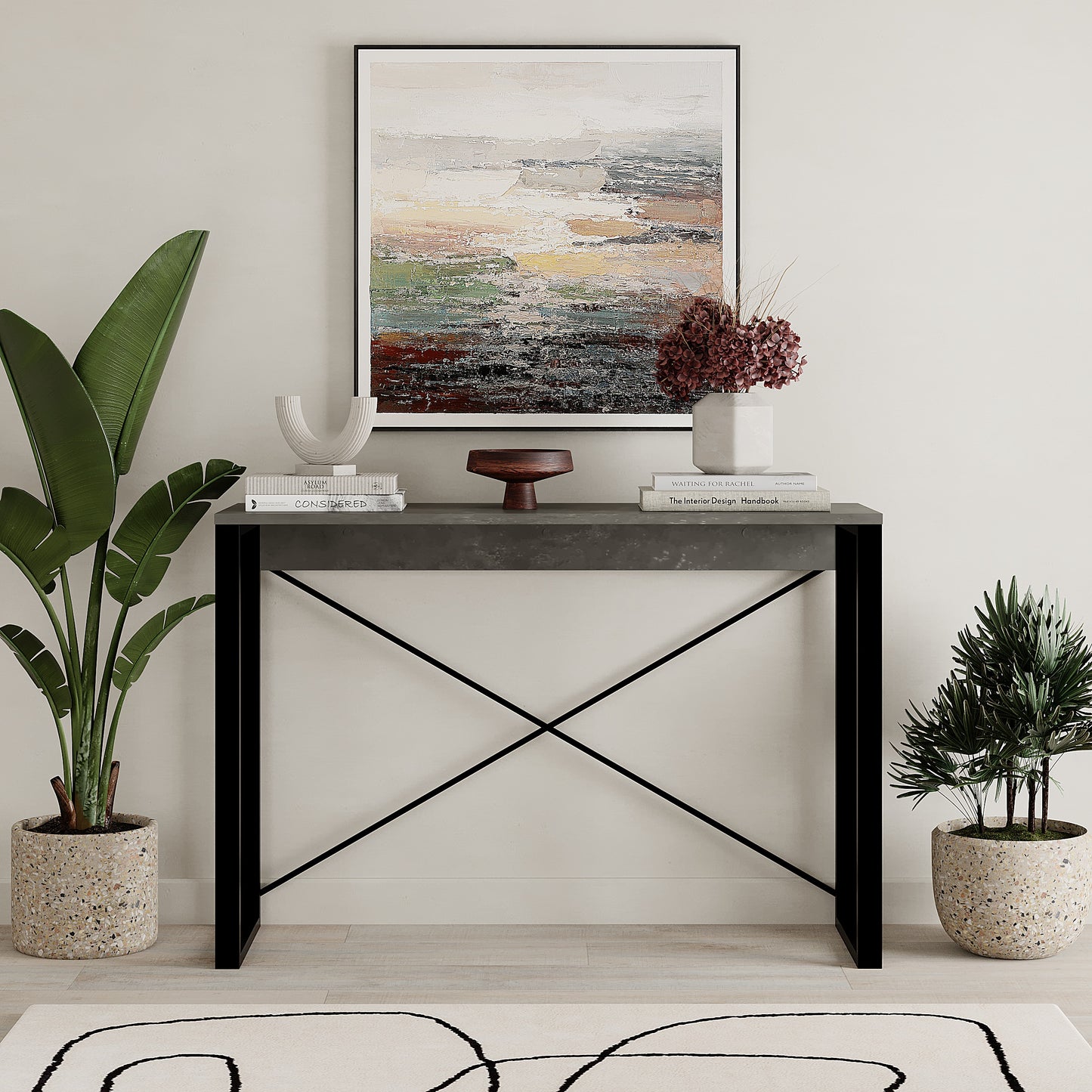 Archie Retro Grey Console Table 110cm with Black Legs