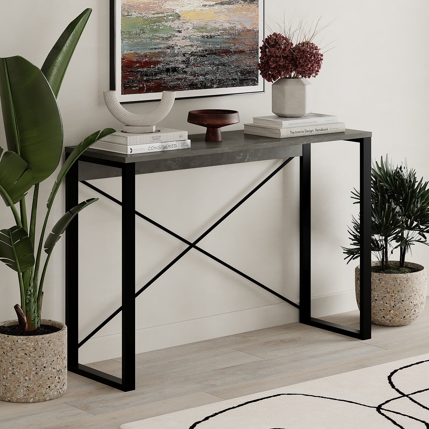 Archie Retro Grey Console Table 110cm with Black Legs
