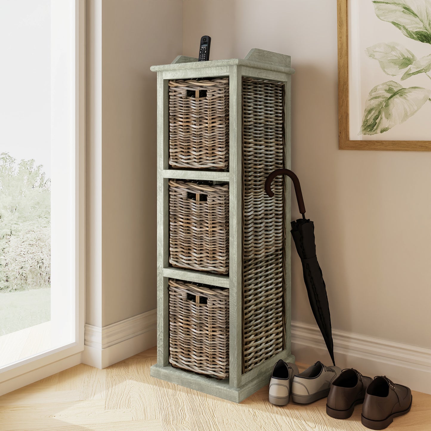 Maya Kubu Rattan 3 Basket Storage Unit – Limewash Finish