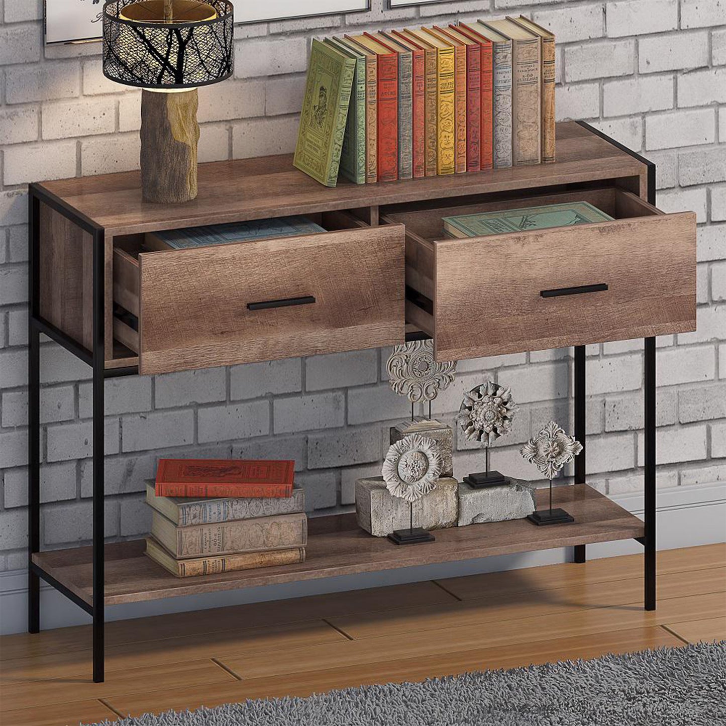 Loft Industrial Console Table with 2 Drawers – Wood & Black Metal